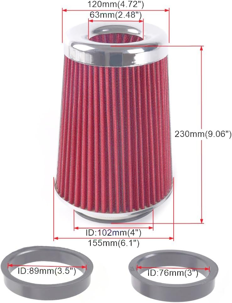 4-Inch Cold Air Intake Filter - Washable, High Performance, 3" or 3-1/2" or 4" Clamp-On Replacement Air Filter Red (8" Tall)