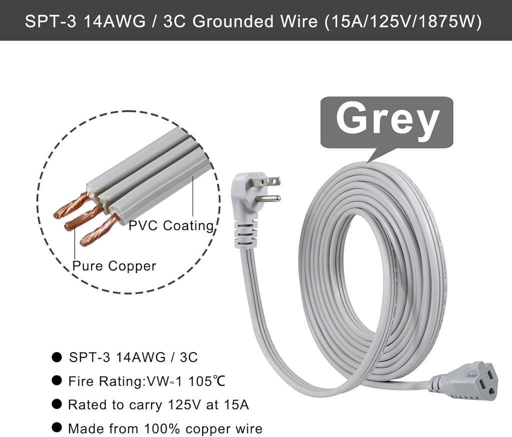 KUNCAN Appliance Power Extension Cord - 3 Prong Flat Wire SPT-3 14 AWG Heavy Duty Male to Female Extender Low Profile Grounded Cable for Major AC Unit, Air Conditioner, Refrigerator (25 Feet)