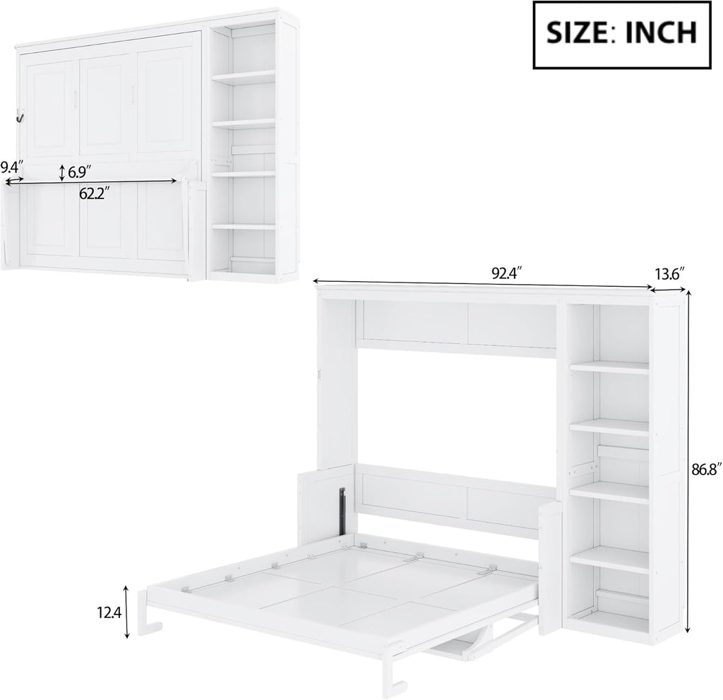 MERITLINE Queen Murphy Bed with Desk and Storage Shelves,Wood Hideaway Murphy Wall Bed with Storage Bookcase for Adults (White,Queen)