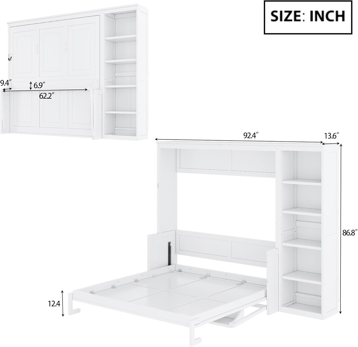 MERITLINE Queen Murphy Bed with Desk and Storage Shelves,Wood Hideaway Murphy Wall Bed with Storage Bookcase for Adults (White,Queen)