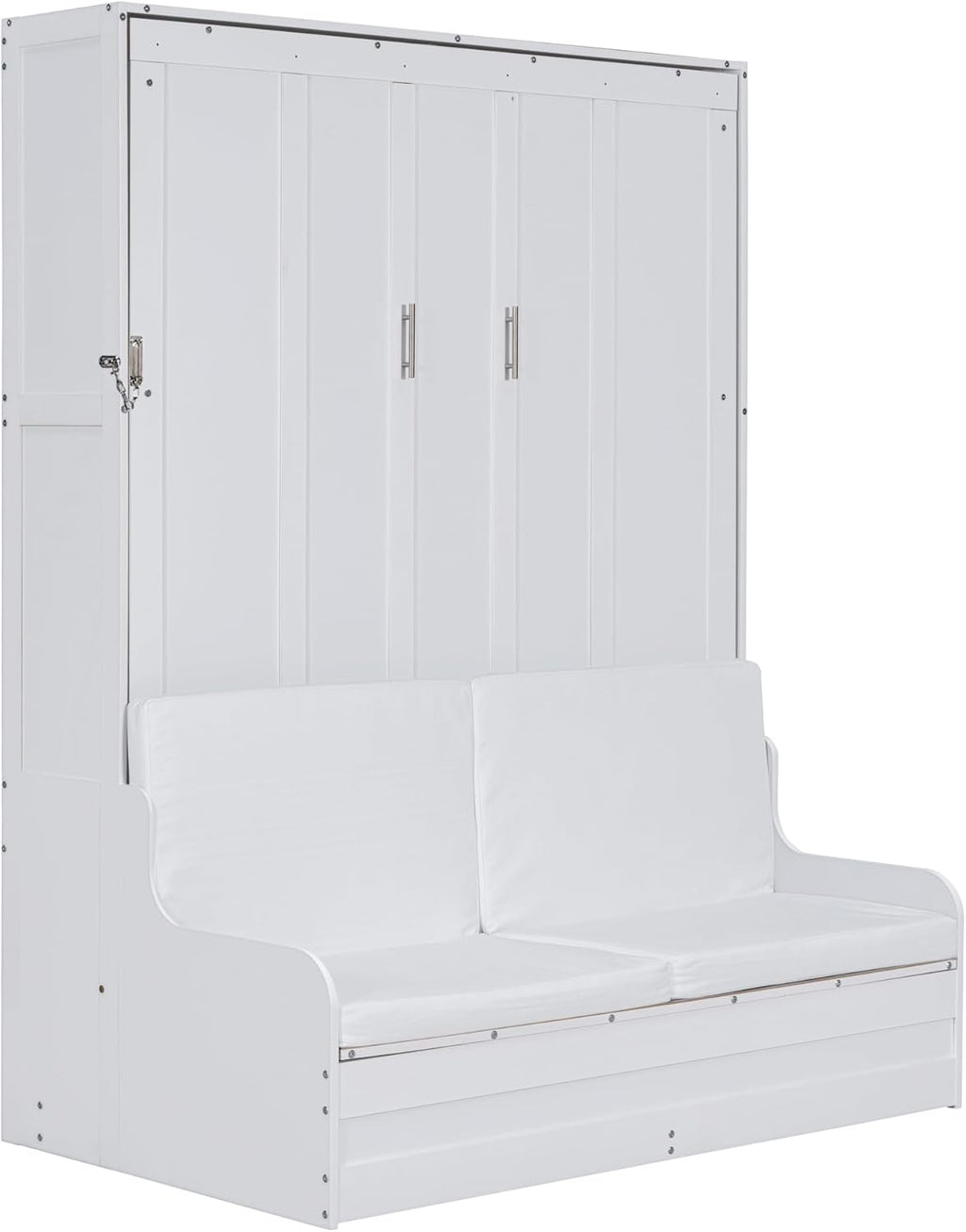 Merax Queen Size Murphy Bed Frame, Modern Wall Bed Can Be Folded into Cabinet, Chair with Cushion, White