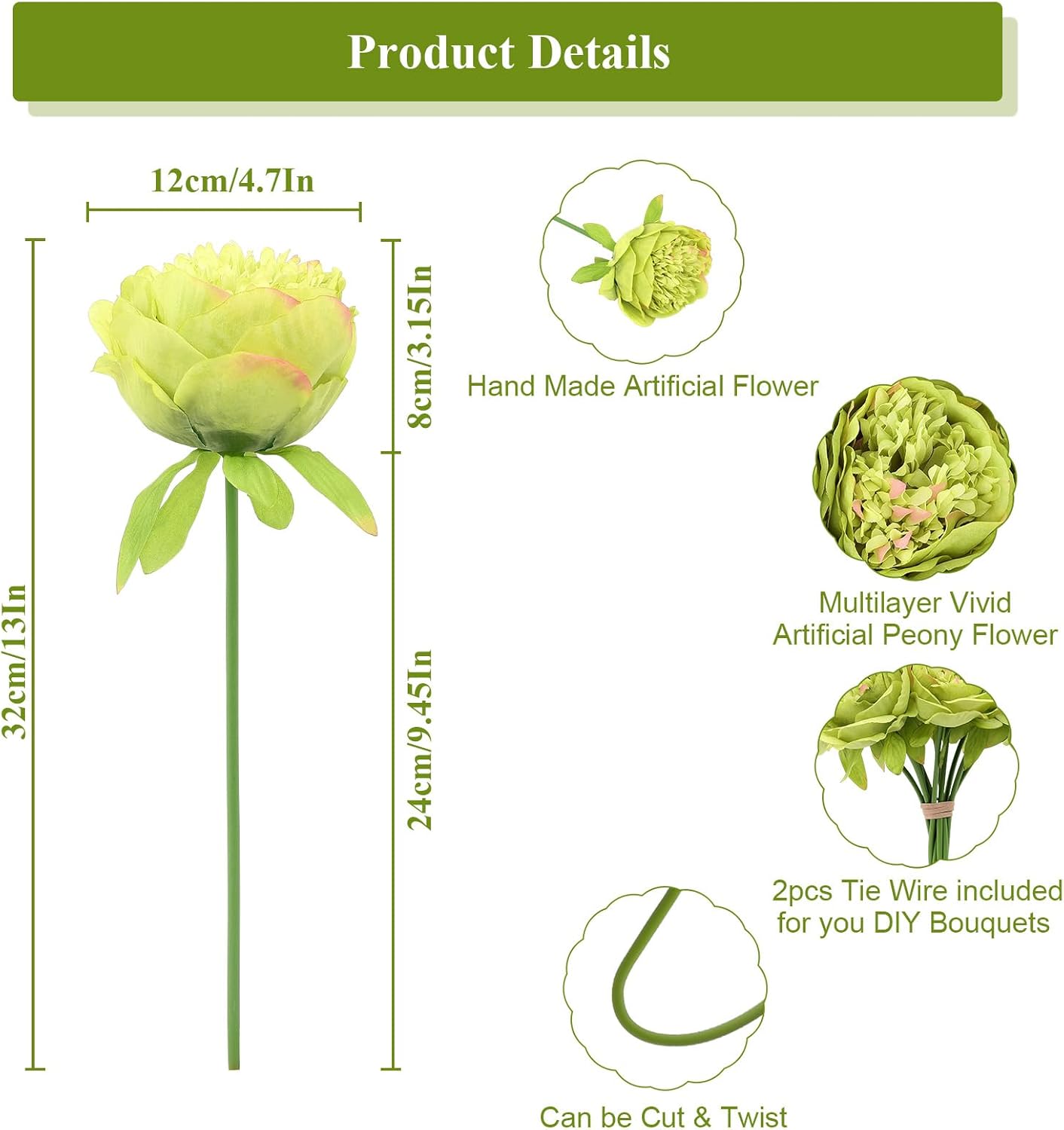 U'Artlines 10 Heads Artificial Peony Silk Flower Leaf Home Office Wedding Party Festival Bar Decor (Green)
