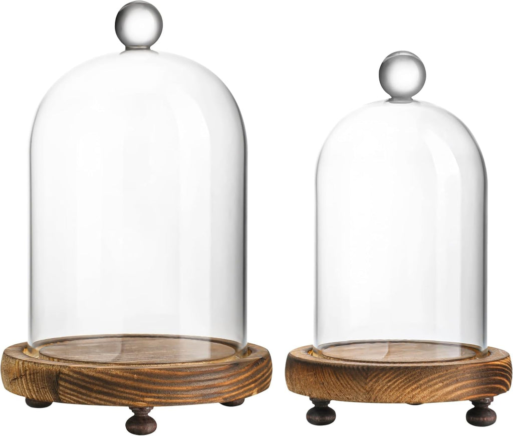 ZEERSHEE Pack 2 Clear Glass Dome with Wooden Base Glass Display Cloche Bell Shape Dome for Antique Collectibles Specimens Plants Dustproof Christmas Gift for Women（3.7*6.4in,3*5.6in