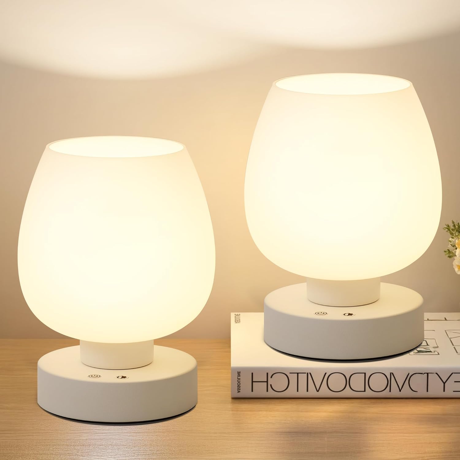 Cordless Touch Bedside Table Lamp set of 2 - Rechargeable Modern Small Table Lamp with White Glass Lamp Shade, Stepless Dimmable & 8 RGB Colors & Memory, Desk Lamp for Nursery Bedroom Nightstand