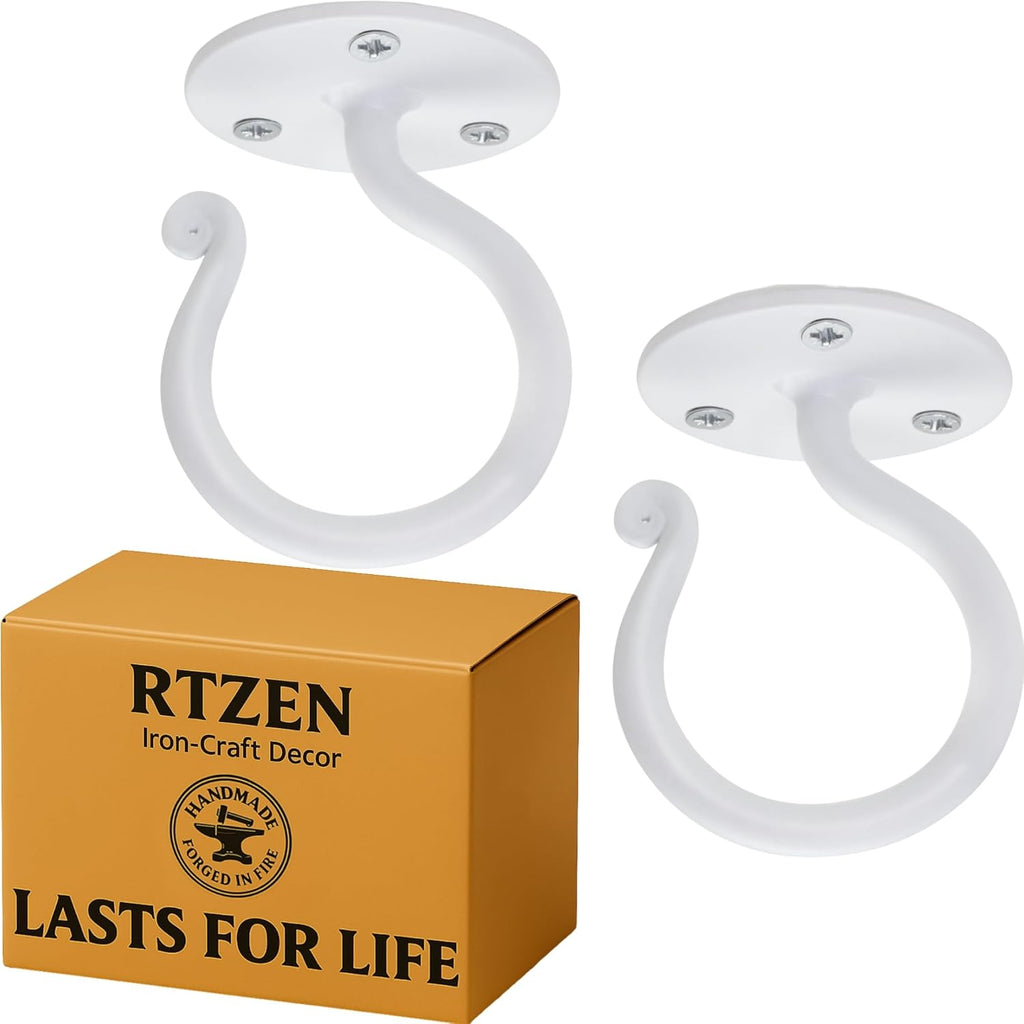 RTZEN Plant Hangers Indoor or Outdoor - Wrought Iron Metal Hanger Indoor Hook - Heavy Duty Wall Bracket Hooks for Hanging Plants Baskets Lanterns Wind Chimes - 2 Pack (Large White Ceiling Hooks)