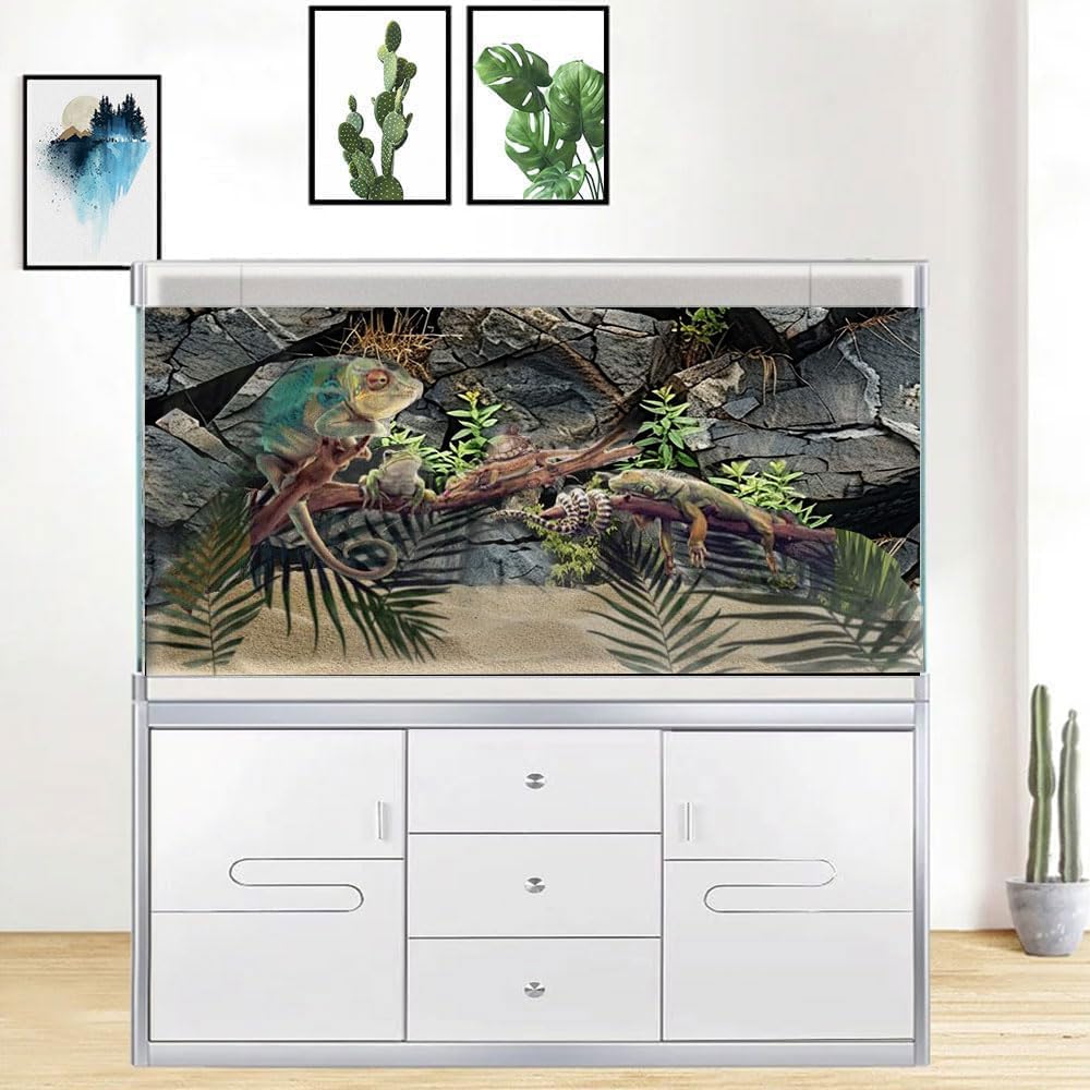 Stone Aquarium Background, Underwater Rock Plant Fish Tank Background Rocky Terrarium Background Black, Polyester Background with 6 EVA Double-Sided Tapes 48x24 inches/120x60