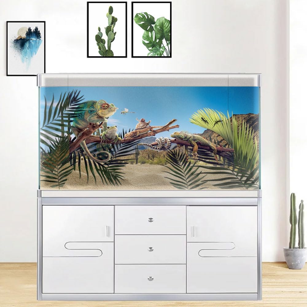 Reptile Habitat Background, Retro Desert Oasis Cactus Terrarium Background 48X20 in Background with 8 EVA Double-Sided Tape