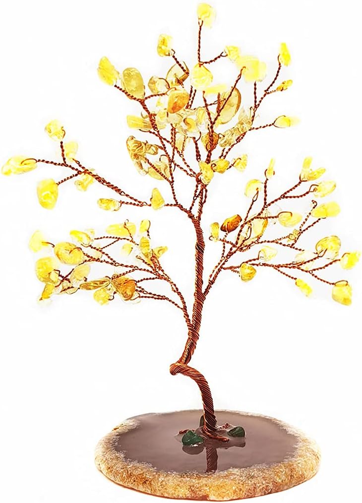 Quartz Crystal Feng Shui Money Tree Natural Agate Flakes Geode Base Bonsai Style Decoration for Luck and Wealth 3.6"- 4.6" (Yellow)