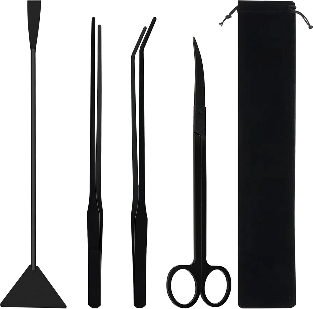Aquascaping Tools Aquarium Kit – 4PCS Plant Trimming Tool Set with Long Tweezers, Scissors, Algae Scraper Spatula & Feeding Tongs, Fish Tank & Terrarium Cleaning Accessories