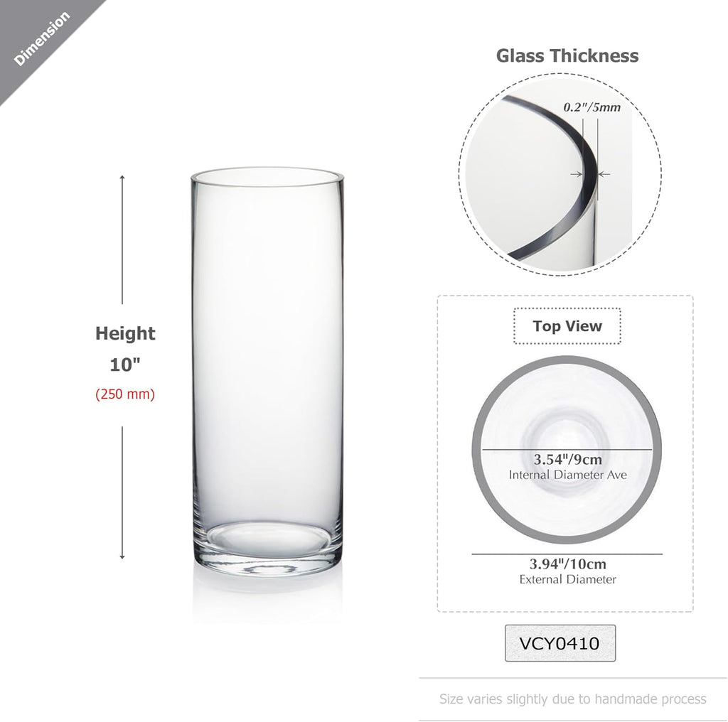 WGVI Quality Thick Weighted Clear Cylinder Glass Vases, 4" W x 10" H, Flower Arrangement Floating Candle Holders Wedding Centerpieces Terrarium Planter Floral Pen Brush Storage Container, 1 Piece
