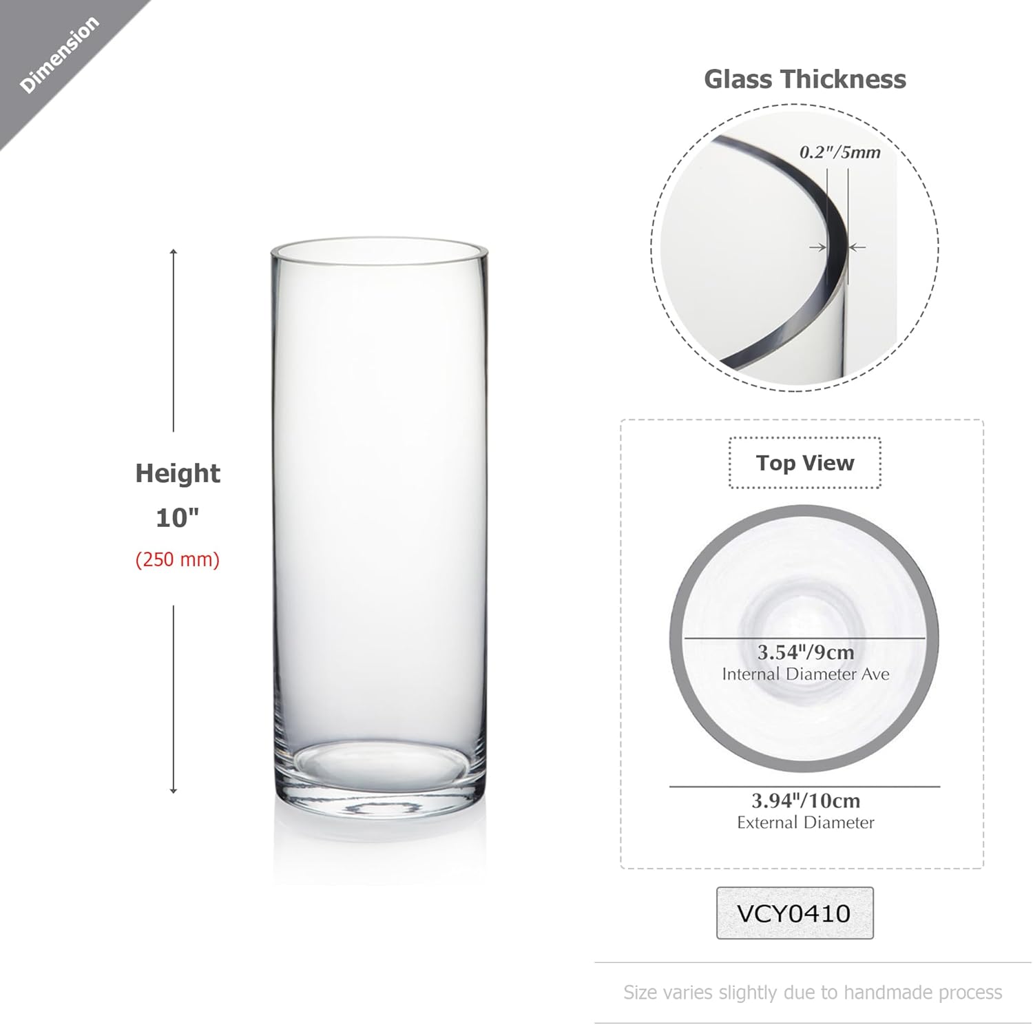 WGVI Quality Thick Weighted Clear Cylinder Glass Vases, 4" W x 10" H, Flower Arrangement Floating Candle Holders Wedding Centerpieces Terrarium Planter Floral Storage Container, Bulk Wholesale, 6 Pcs