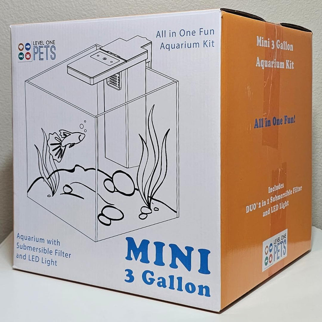 Level One Pets 3 Gallon Mini Betta, Small Fish Aquarium Kit - Includes Duo 2 in 1 Submersible Filter with LED Light