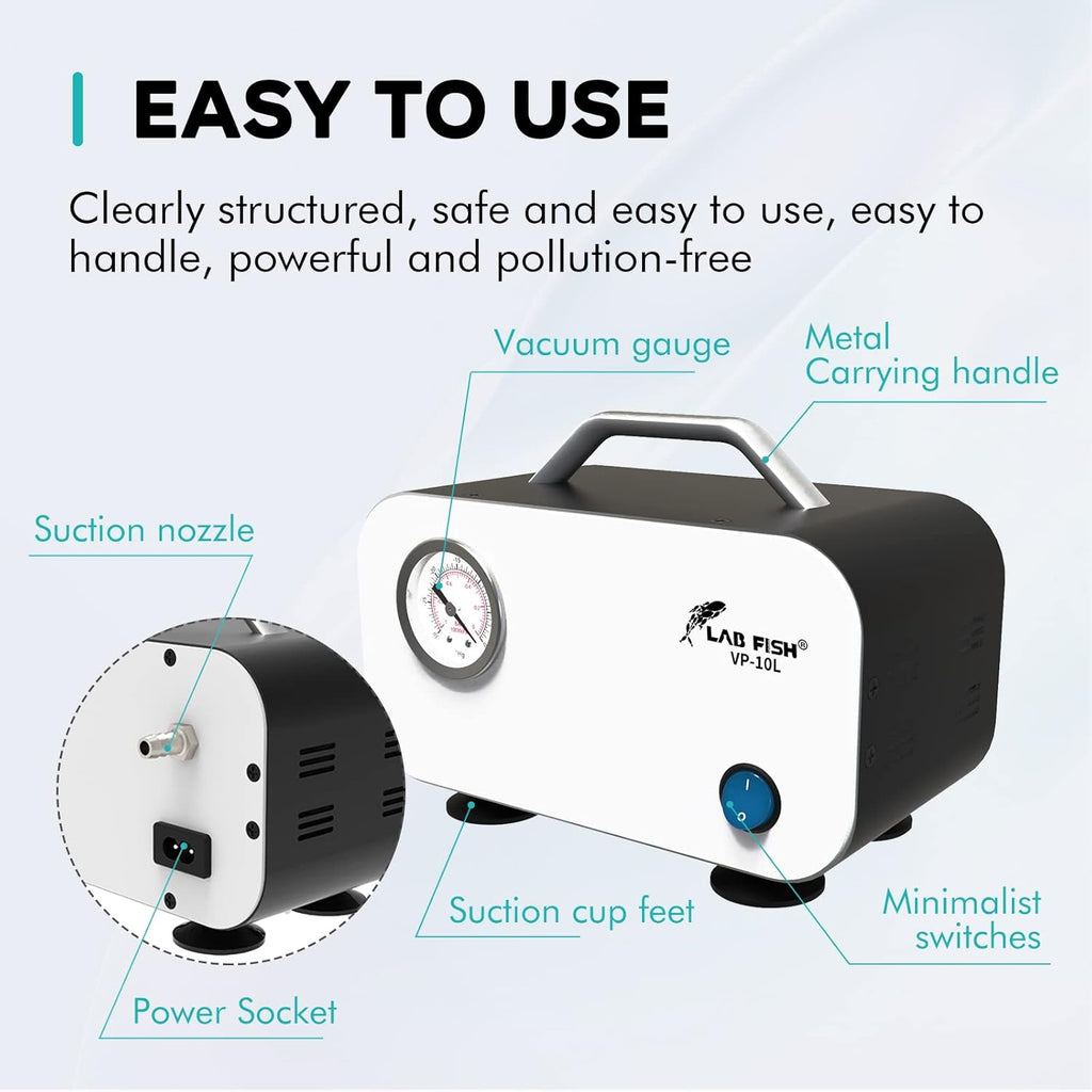 LAB FISH Lab Vacuum Pump 10L/min Portable Oilless Diaphragm Vacuum Filtration & Rubber Tube