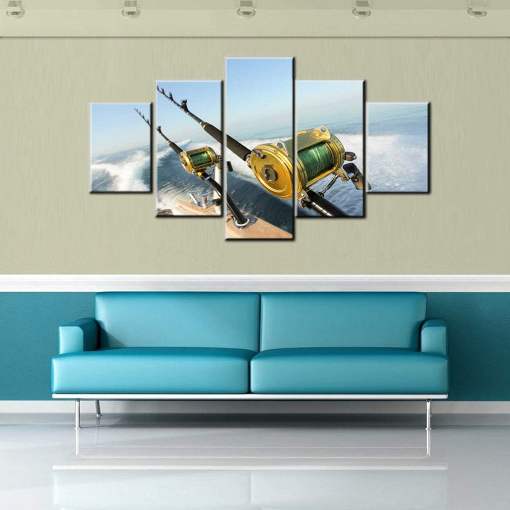 Angling Wall Art for Living Room Fishing Rod and Reel Pictures Ocean Seascape Paintings 5 Panel Prints Artwork on Canvas Modern Home Decor Giclee Wooden Framed Stretched Ready to Hang(60''Wx32''H)