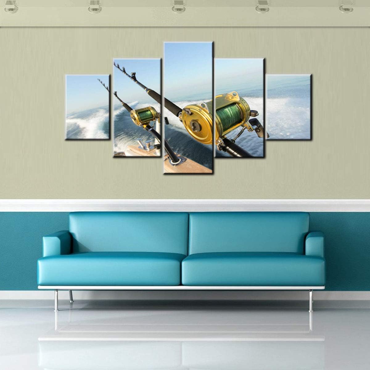 Angling Wall Art for Living Room Fishing Rod and Reel Pictures Ocean Seascape Paintings 5 Panel Prints Artwork on Canvas Modern Home Decor Giclee Wooden Framed Stretched Ready to Hang(60''Wx32''H)