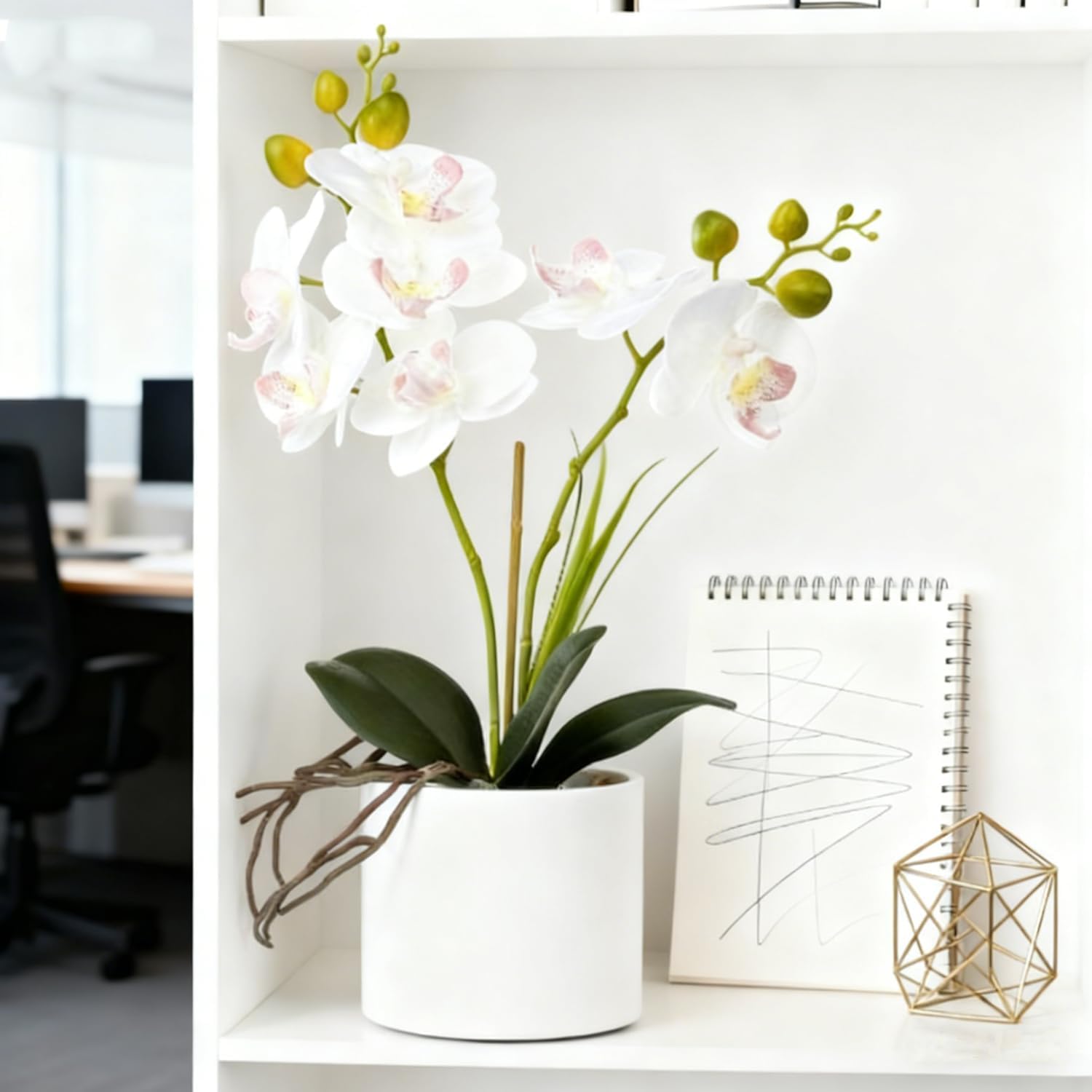 Jusdreen Artificial White Orchid in Ceramic Pot, Realistic Phalaenopsis Arrangement with Potting for Home Office Table Decor, 14.5 Inch Flower Centerpiece