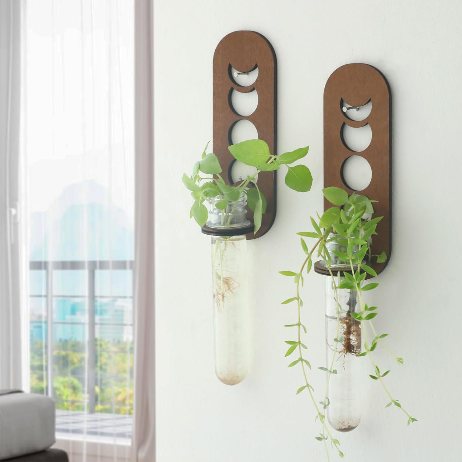 Artilady 2 Pack Plant Propagation Station Wall Hanging Wooden Moon Phase Plant Terrarium for Hydroponics Home Office Decor Test Tube Propagate Air Plant Cutting Holder