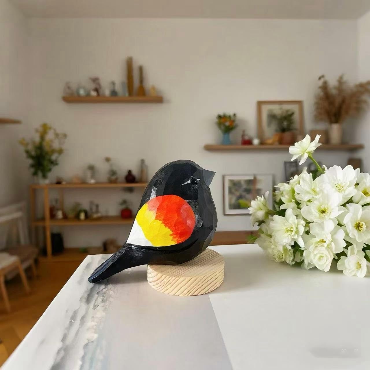 Hand-Carved Red-Winged Blackbird Figurines – Hand-Painted Wooden Bird Sculptures, Decorative Wood Bird Statues for Home & Office Décor, Gifts for Bird Lovers