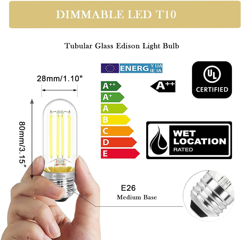 3.2 Inch 5000K Daylight White E26 LED Bulb 60 Watt Equal, AC 120V 600LM Edison Bulbs Dimmable, 6W T10 T30 Filament Light Bulbs Clear Glass for Fan Pendant Wall Light, UL Listed-4 Pack