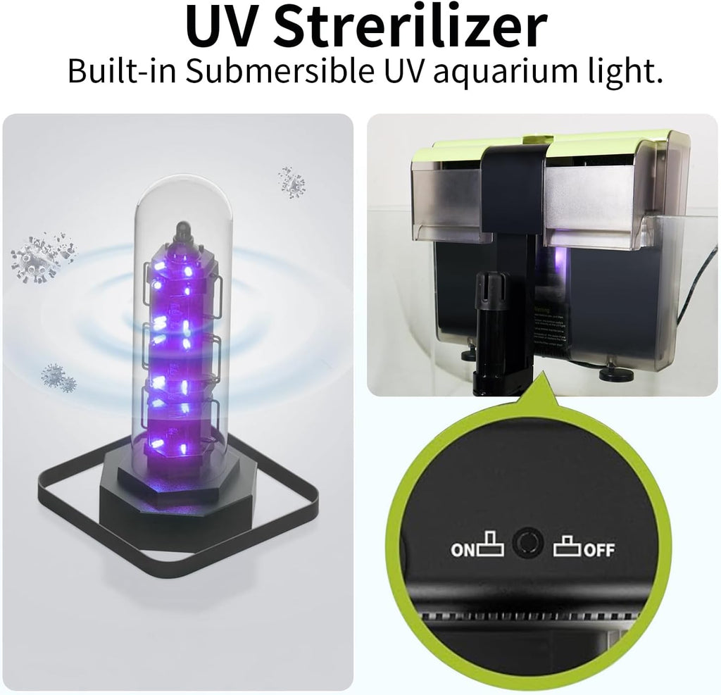 Aquarium Filter- 4 in 1 Double Waterfall U-V Fish Tank Filter for Green Water & Algae Clean, 8W Quiet Hang on Filter Adjustable Flow (UV Filter)