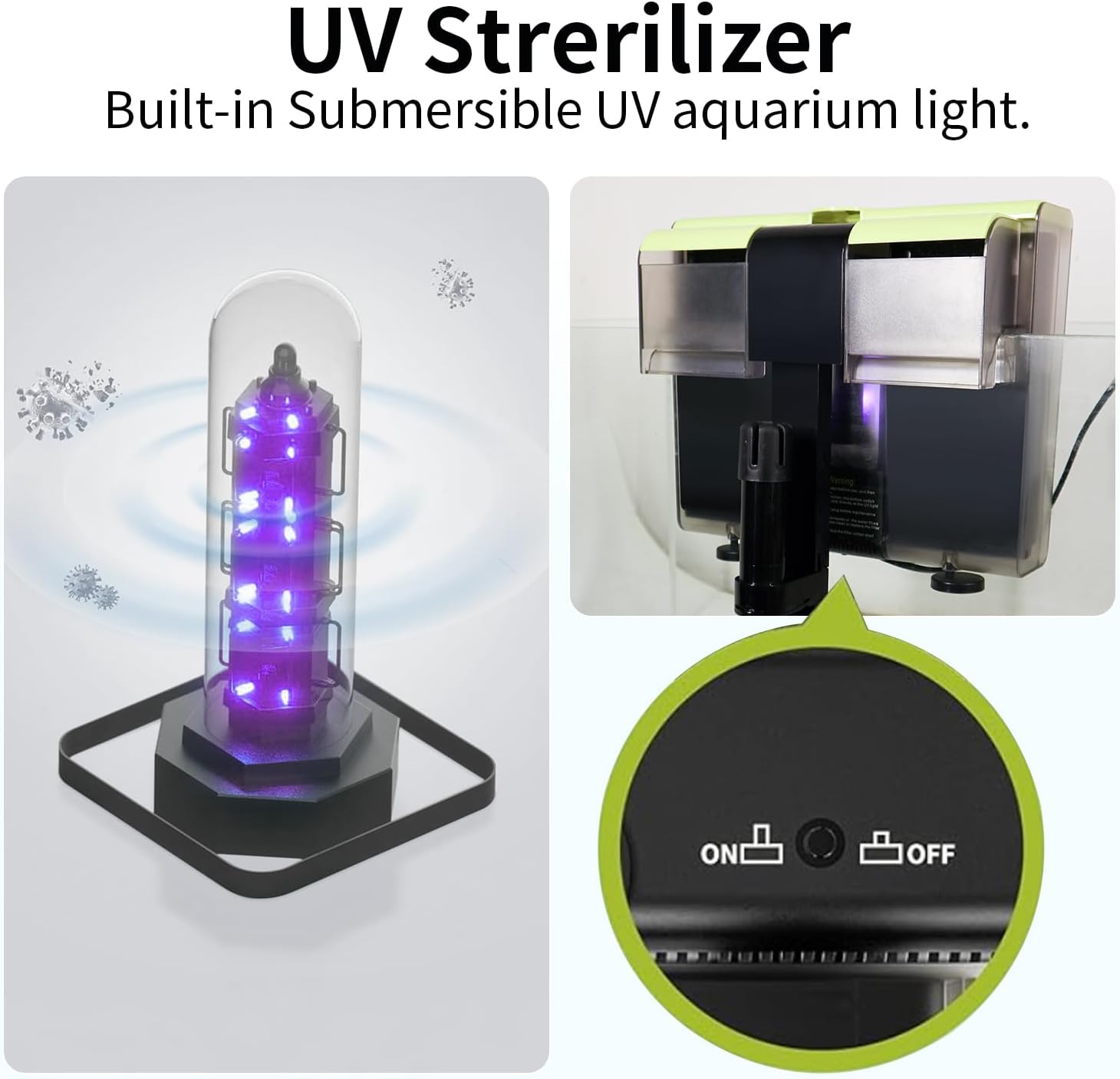 Aquarium Filter- 4 in 1 Double Waterfall U-V Fish Tank Filter for Green Water & Algae Clean, 8W Quiet Hang on Filter Adjustable Flow (UV Filter)