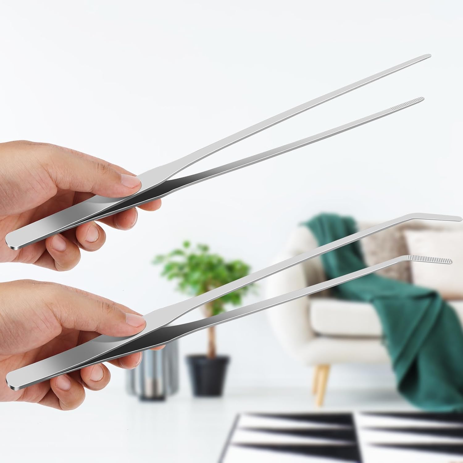 2pc-10.6"Aquarium Tweezers,Stainless Steel Straight and Curved Tweezers Set,Long Handle Reptile Feeding Tongs for Lizards, Bearded Dragon Snake Tank Accessories (Silver)