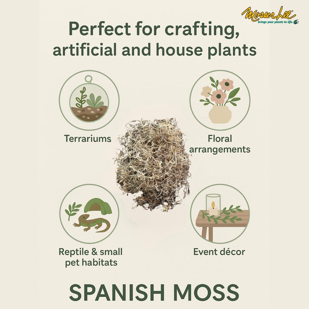Mosser Lee Spanish Moss – Natural Decorative Moss for Houseplants, Soil Cover, Crafts, Terrariums & Floral Arrangements - 400 Cubic Inches