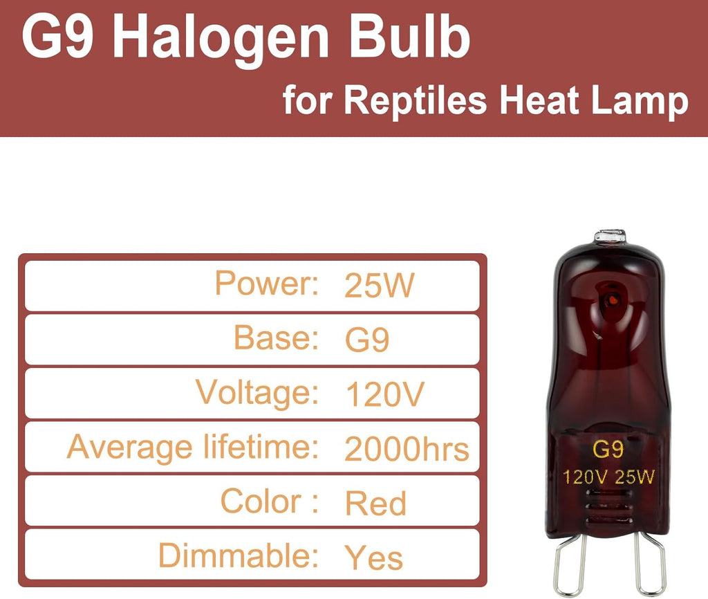 G9 Heat Lamp Bulbs for Reptile,Night Red, Mini Halogen Bulb 25W, Infrared Reptile Heat Lamp for Bearded Dragon Gecko Turtle Lizard, Pack of 2