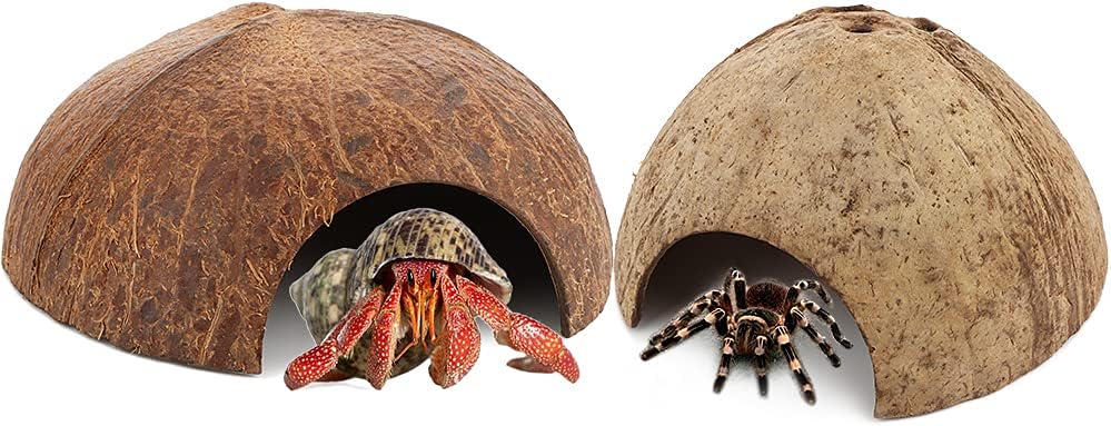 2 Pack Spider Coconut Shell Shelter, Hermit Crab Hideout, Lizard Hiding Cave, Turtle Rest Hut, Fish Tank Aquarium Decoration