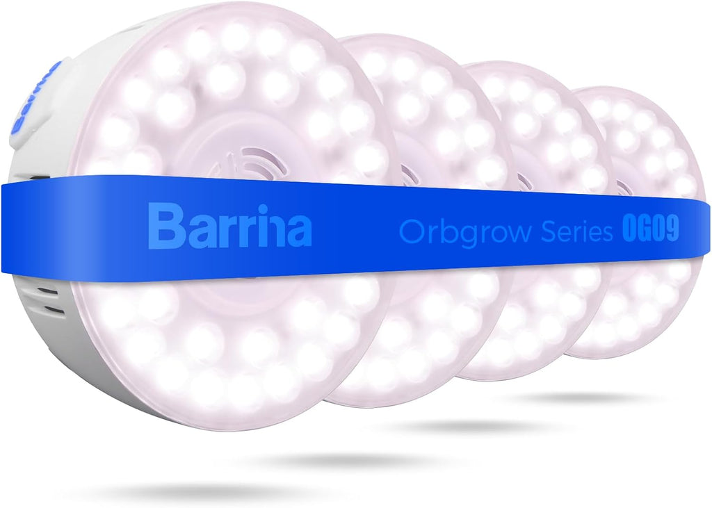 Barrina Orbgrow OG09 Puck LED Grow Light, Pinkish White 36W(4 x 9W, 540 Watt Equiv), Plant Lights for Indoor Plants Full Spectrum, Magnetic & Linkable, Small Grow lamp for Plant Shelf, 4 Packs