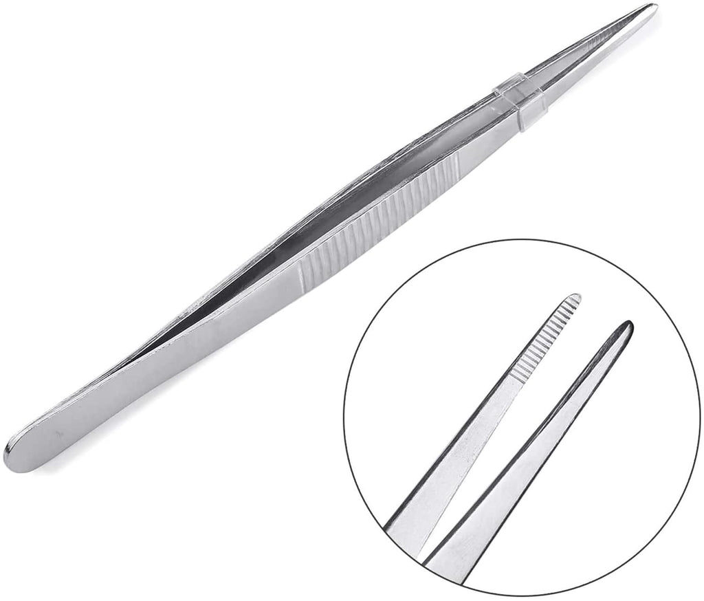 Long Forceps Tweezers, Serrated Bent Flat Tips Precision Curved Science Surgical Tongs Jewelers Needle Metal Sewing Sharp Small Kitchen Cooking Tweezers With Teeth Knurled Handles (1PCS)