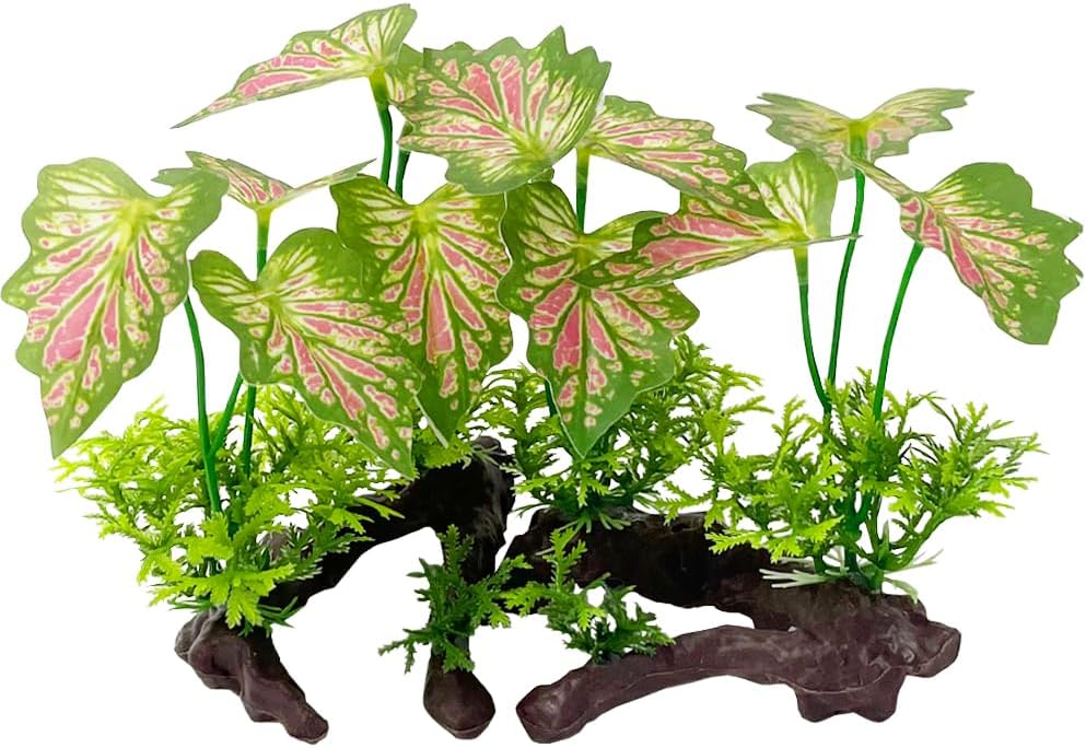 Smoothedo-Pets Aquarium Plant Fish Tank Decoration Small Plastic Artificial Plant Goldfish Fish Hide (Rainforest Leafs-Pink-Small-Set)