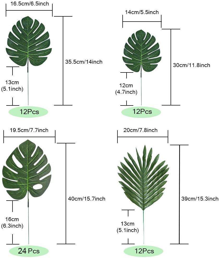 60 Pieces 4 Kinds Artificial Palm Leaves with Faux Stems Tropical Plant Leaves Monstera Safari Leaves for Hawaiian Luau Party Jungle Beach Table Leave Decorations