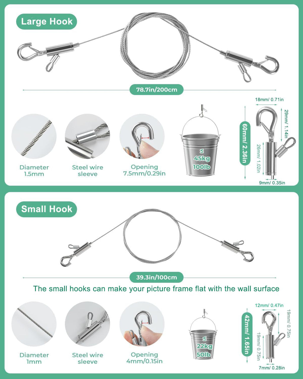 Adjustable Picture Hanging Wire, 2PCS 1m x 1mm Small Hooks + 2PCS 2m x 1.5mm Large Hooks Picture Frame Wire Kit Heavy Duty up to 100lbs, Stainless Steel for Mirror, Light, Flowerpot