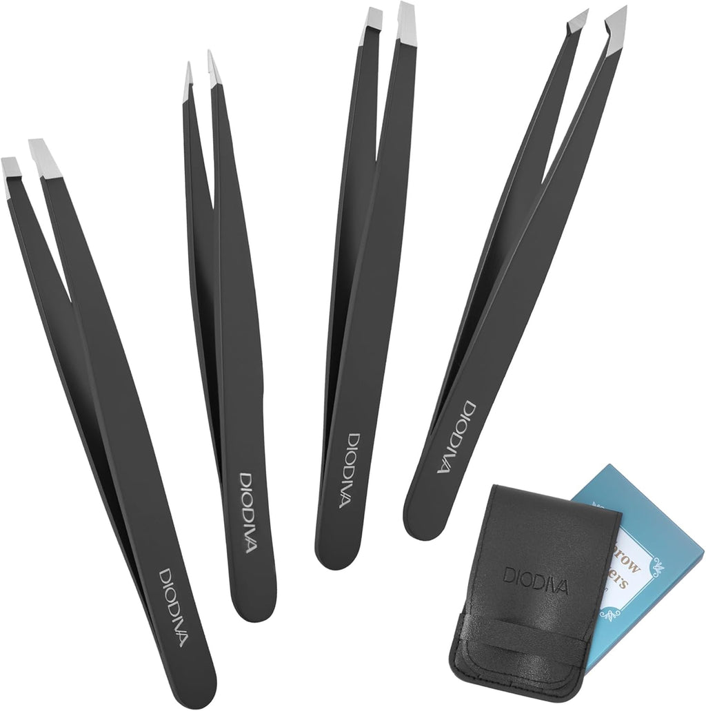 4-Pack Tweezers for Eyebrows, Facial Hair, Ingrown Hair Removal, Tweezer Set with Case for Women and Men, Professional Stainless Steel Precision Eyebrow pinza de cejas Plucking Grooming - Black
