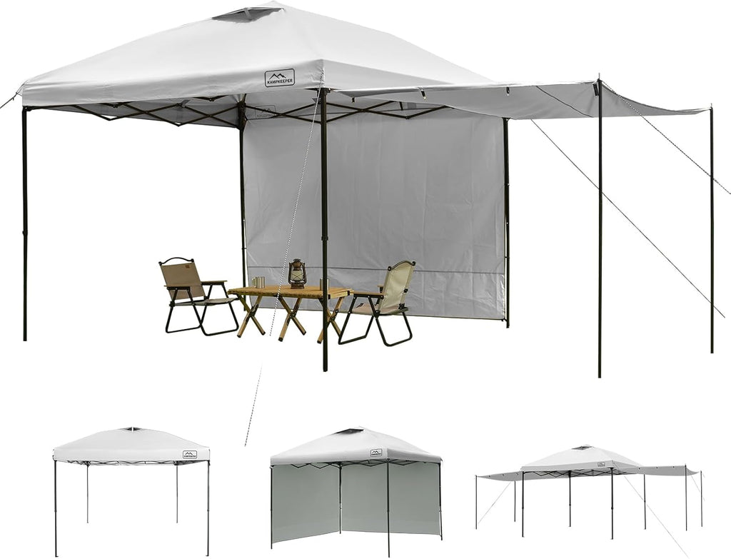 KAMPKEEPER 10x10 Easy Pop Up Canopy Tent with Sidewalls, Instant Outdoor Shade Shelter with Removable 10FT Sun Walls, Quick Setup Waterproof and UV-Resistant for Patio (White, 2 sidewall)