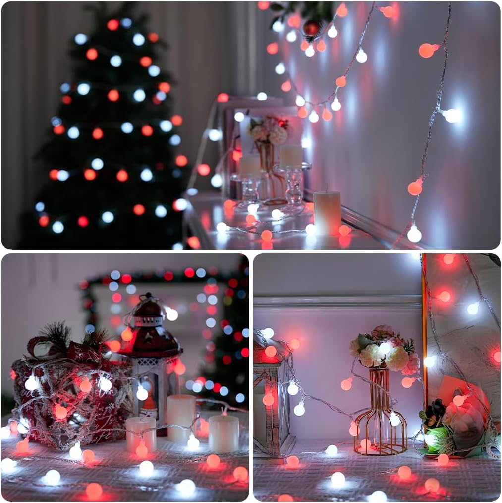 JMEXSUSS Globe String Lights, Red and White Christmas Lights, 100 LED Plug