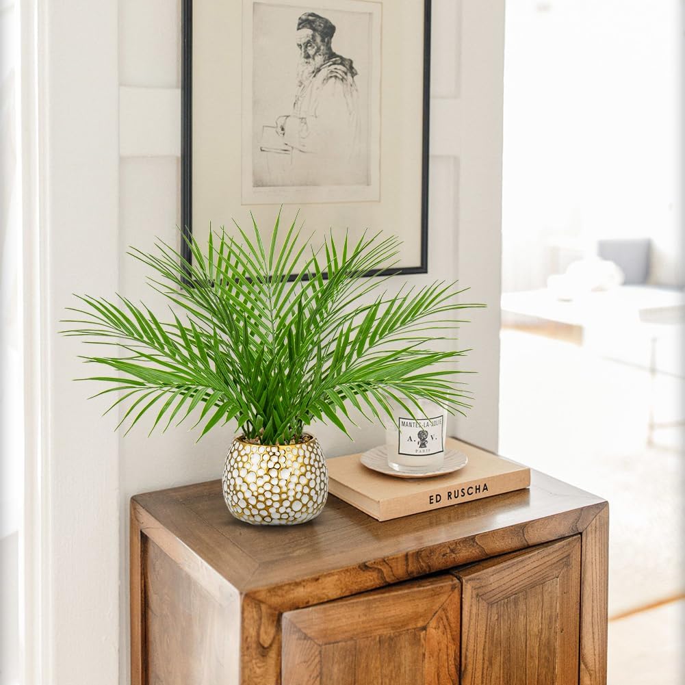 Briful Fake Plants 15'' Faux Palm Plant in Gold-White Pot Realistic Artificial Plants Indoor for Home Farmhouse Centrepieces Wedding Decorations