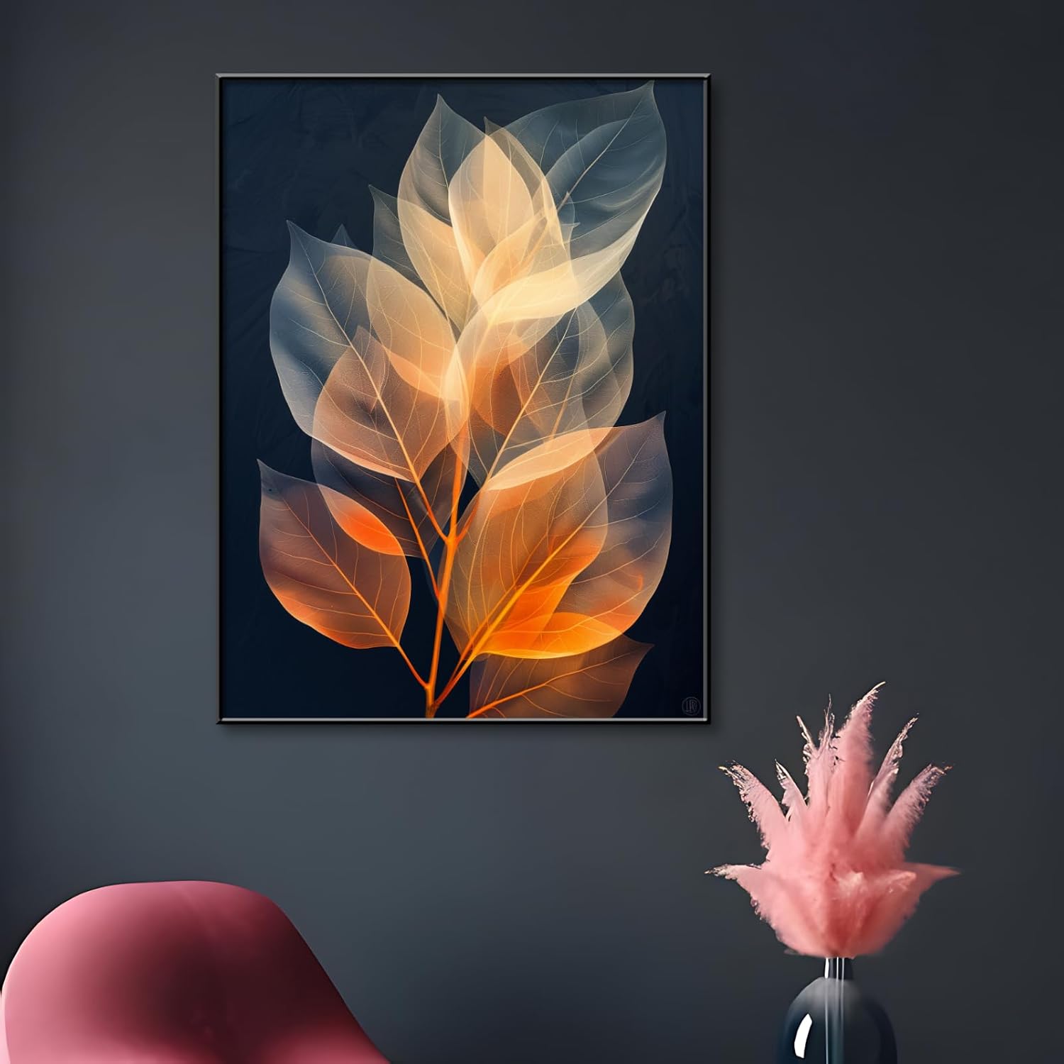 Botanical Leaf Canvas Wall Art, Modern Nature-Inspired Decor for Living Room, Bedroom, Office Ready to Hang (Serene Hues, 29"Wx39"H/75x100cm, Black Frame)