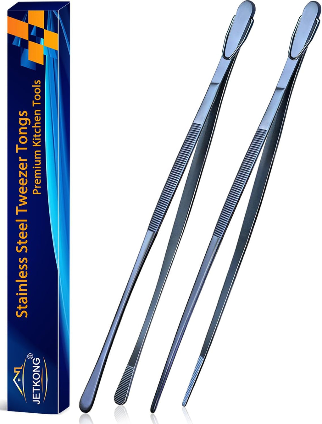 JETKONG 2 Pcs 14-Inch Cooking Tweezer Tongs Extra- Long Stainless Steel Kitchen Tweezers Plating Tongs (Navy Blue)