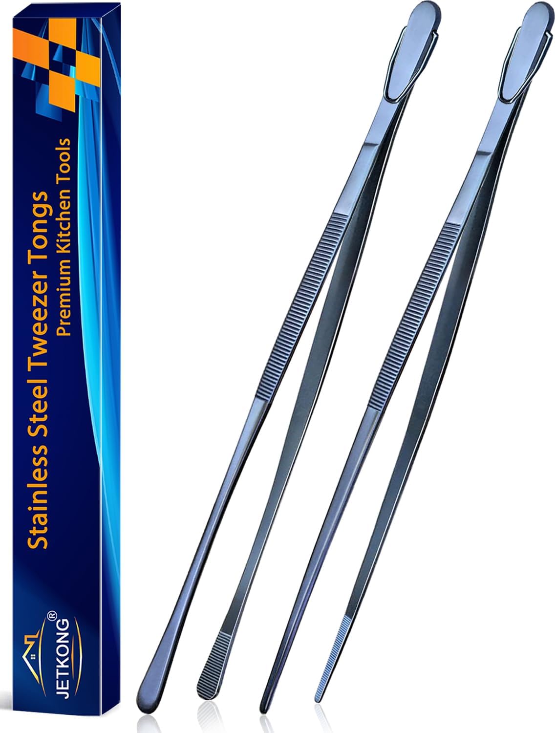 JETKONG 2 Pcs 14-Inch Cooking Tweezer Tongs Extra- Long Stainless Steel Kitchen Tweezers Plating Tongs (Navy Blue)