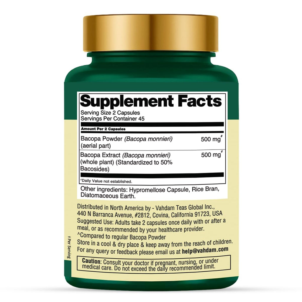 VAHDAM Bacopa Monnieri Capsules 1000mg | Supports Cognitive Performance | High Strength Made with Herbs & Extract | 90 Veg Capsules