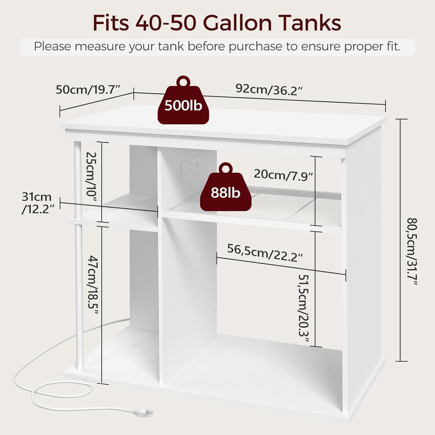 40-50 Gallon Fish Tank Stand with Power Outlet, Wooden Aquarium Stand with Filter Storage, Heavy-Duty Reptile Tank Stand with 3-Tier Storage Shelves, 36.2" L x 19.7" W x 31.7" H, White