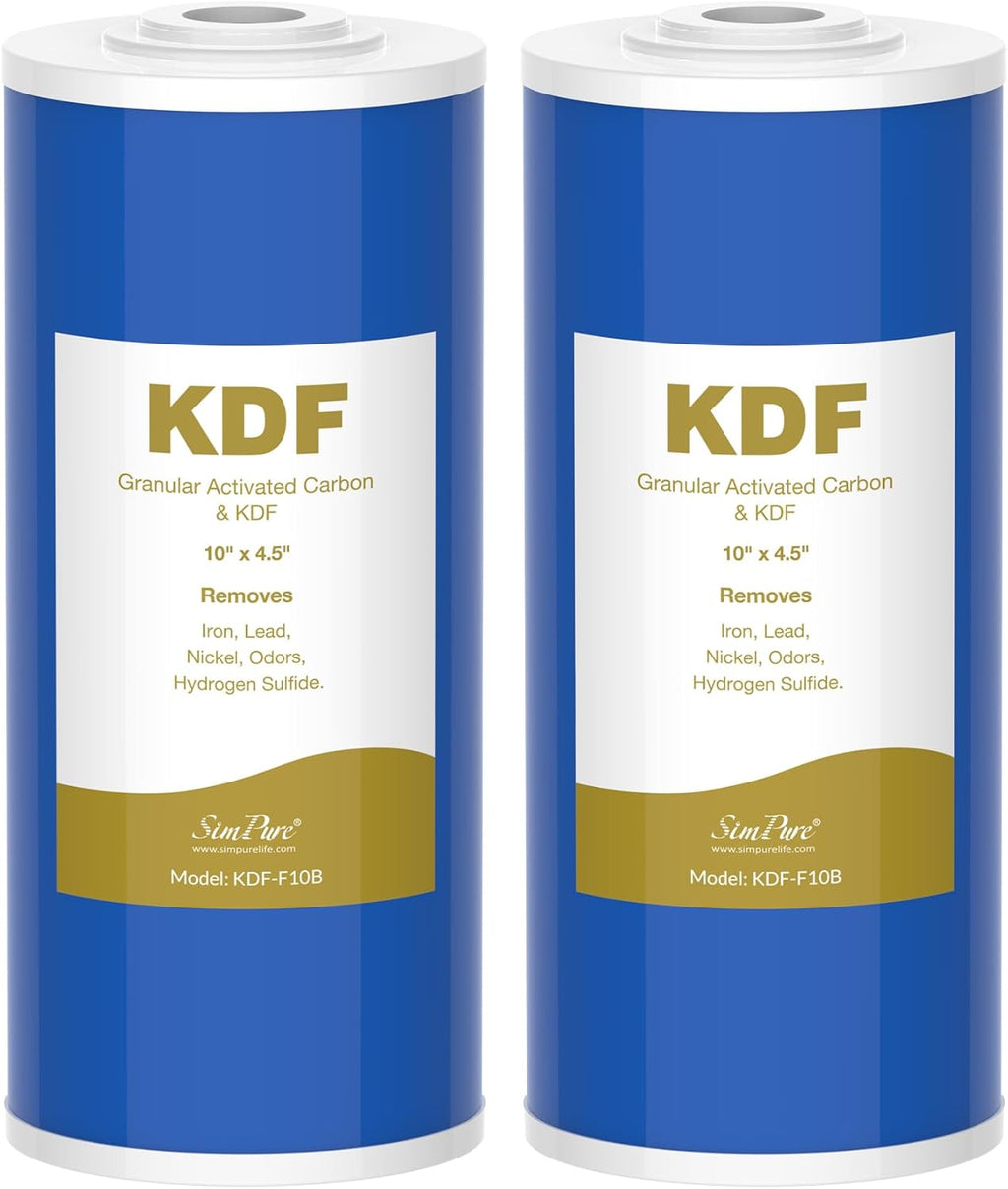 SimPure Whole House Water Filter Cartridges 10" x 4.5" GAC/KDF Carbon and Heavy Metal Filter, for DB10C-2KDF, DB10P, WGB21B-KS, FG15B-KS, GE FXHTC, GXWH40L, 2 Pack