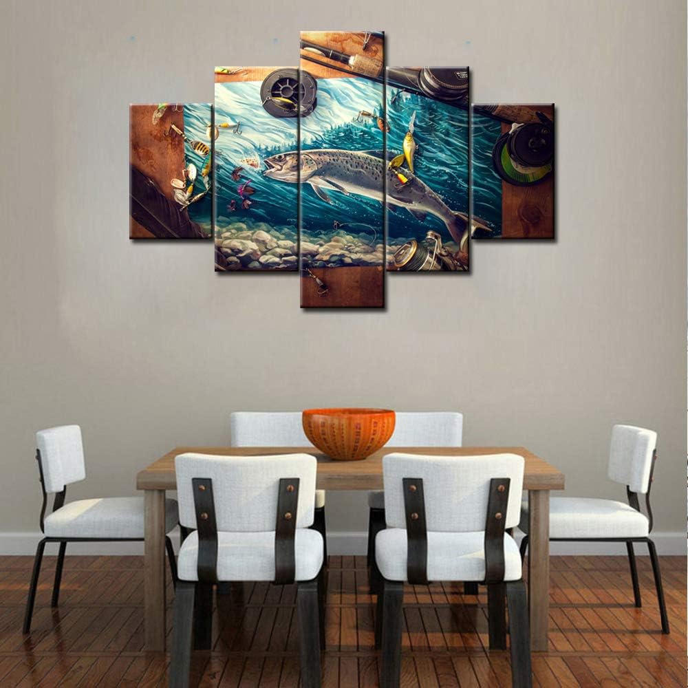 Wall Art for Living Room Fishing Reel and Rod Pictures Fish Angling Paintings 5 Panel Printed on Canvas Landscape Artwork Rustic House Decor Wooden Framed Gallery-Wrapped Ready to Hang(60''Wx40''H)