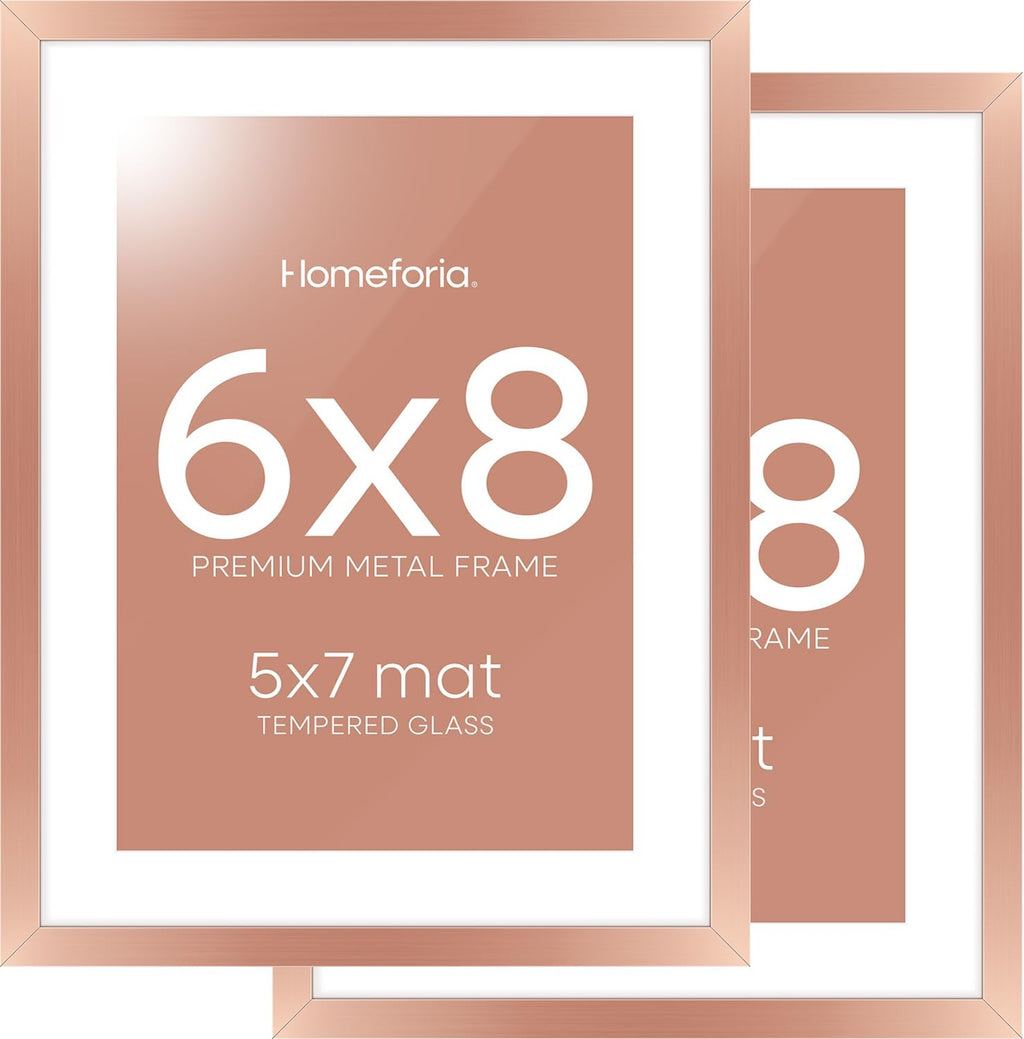 Homeforia Rose Gold 6x8 Picture Frame, High End Metal 6 x 8 Frames with Mat 5 x 7 for Print, 6by8 Desk Frame Matted to 5x7 inch Photo, 6 by 8 Wall or Tabletop Frame, Tempered Glass, Wall Kit, Set of 2