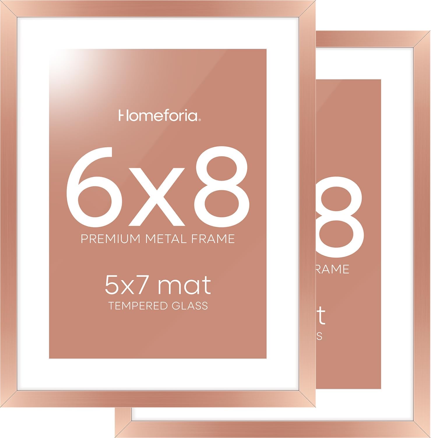 Homeforia Rose Gold 6x8 Picture Frame, High End Metal 6 x 8 Frames with Mat 5 x 7 for Print, 6by8 Desk Frame Matted to 5x7 inch Photo, 6 by 8 Wall or Tabletop Frame, Tempered Glass, Wall Kit, Set of 2