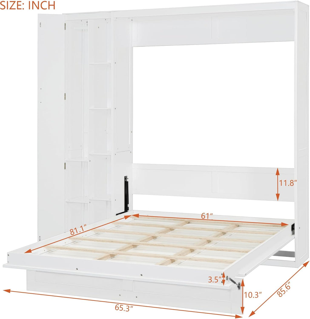 Merax Queen Size Murphy Bed Wall Bed with Shelves, Drawers and LED Lights,White