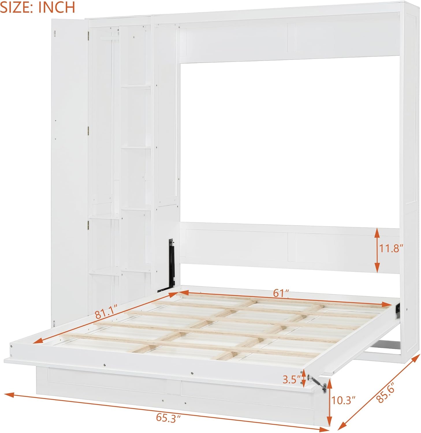 Merax Queen Size Murphy Bed Wall Bed with Shelves, Drawers and LED Lights,White
