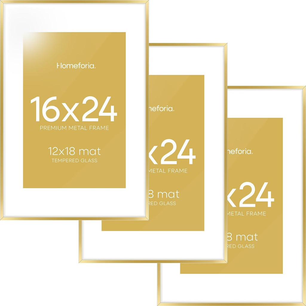 Homeforia 16 x 24 Picture Frame Gold, High End Metal 16x24 Poster Frames with Mat 12x18 Photo, 16 x 24 Gold Frame Matted to 12 by 18 Print, 24x16 Thin Hanging Frame, Tempered Glass, Wall Kit, Set of 3